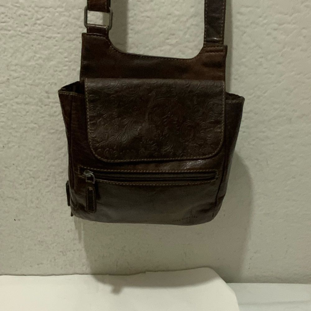 Jack Georges Voyager Leather Crossbody Brown Boho Cottage Embossed Floral - Picture 4 of 16